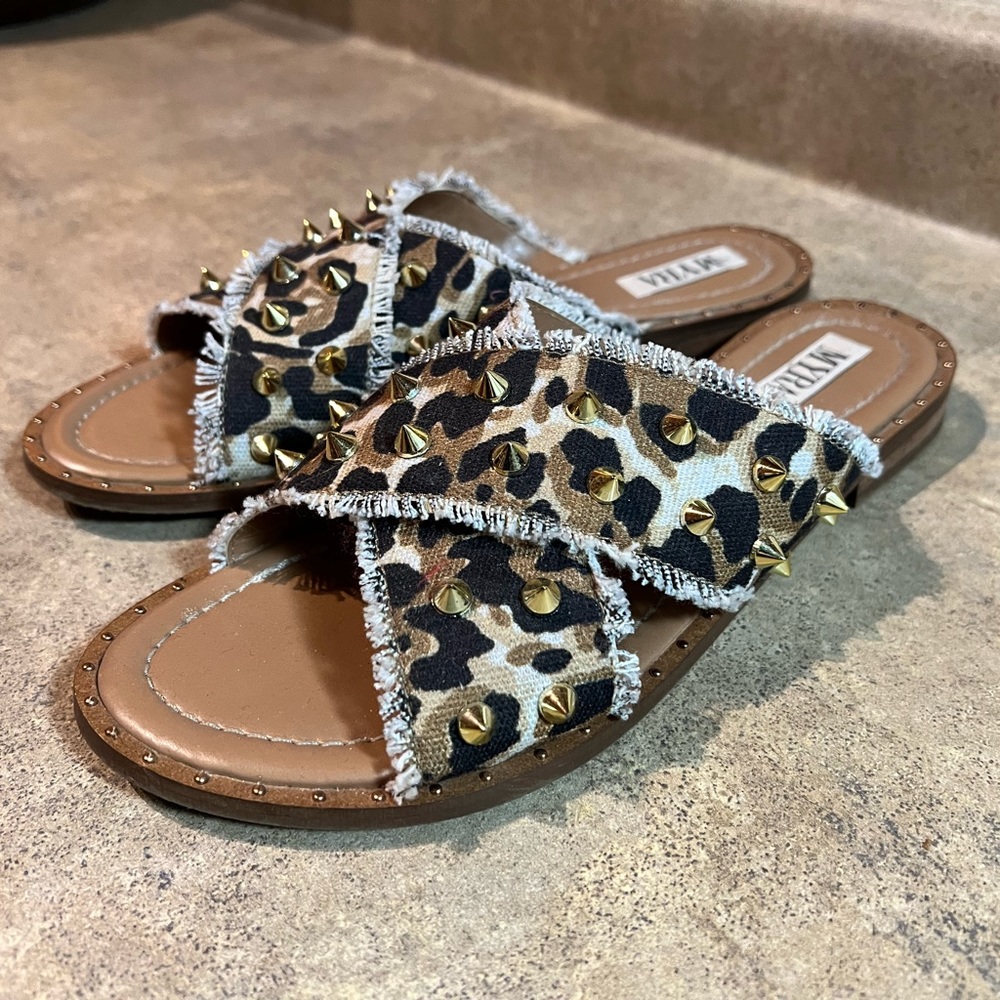 Myra Black & White Calf Hair Leather Slide Sandals Gold Studs, several sizes